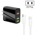 65W Dual PD Type-C + 3 x USB Multi Port Charger with 3A Type-C to Type-C Data Cable, US Plug(Black)