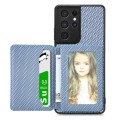 For Samsung Galaxy S21 Ultra 5G Carbon Fiber Magnetic Card Wallet Bag Phone Case(Blue)