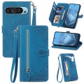 For Google Pixel 9 Pro Embossed Flower Zipper Leather Phone Case(Blue)