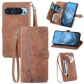 For Google Pixel 9 Embossed Flower Zipper Leather Phone Case(Brown)