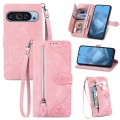 For Google Pixel 9 Embossed Flower Zipper Leather Phone Case(Pink)