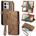 For Redmi Note 13 Pro 5G Global Geometric Zipper Wallet Side Buckle Leather Phone Case(Brown)