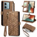 For Redmi Note 13 5G Global Geometric Zipper Wallet Side Buckle Leather Phone Case(Brown)