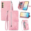 For Samsung Galaxy S24 5G Embossed Flower Zipper Leather Phone Case(Pink)
