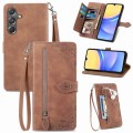 For Samsung Galaxy A15 Embossed Flower Zipper Leather Phone Case(Brown)