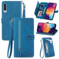 For Samsung Galaxy A50 Embossed Flower Zipper Leather Phone Case(Blue)