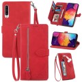 For Samsung Galaxy A50 Embossed Flower Zipper Leather Phone Case(Red)