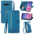 For Samsung Galaxy S10+ Embossed Flower Zipper Leather Phone Case(Blue)