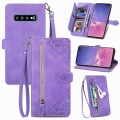For Samsung Galaxy S10+ Embossed Flower Zipper Leather Phone Case(Purple)