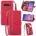 For Samsung Galaxy S10+ Embossed Flower Zipper Leather Phone Case(Red)