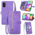 For Samsung Galaxy A41 Embossed Flower Zipper Leather Phone Case(Purple)