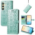 For Samsung Galaxy S24 5G Cat and Dog Embossed Leather Phone Case(Green)