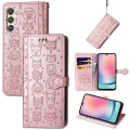For Samsung Galaxy A25 5G Cat and Dog Embossed Leather Phone Case(Rose Gold)