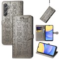 For Samsung Galaxy A15 Cat and Dog Embossed Leather Phone Case(Gray)