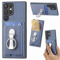 For Samsung Galaxy S22 Ultra 5G Carbon Fiber Card Wallet Folding Ring Holder Phone Case(Blue)