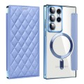 For Samsung Galaxy S22 Ultra 5G Shield Magsafe RFID Anti-theft Rhombus Leather Phone Case(Blue)