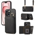 For iPhone 15 Crossbody Ring Wallet Leather Back Cover Phone Case(Black)