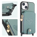 For iPhone 15 Crossbody Love Zipper Leather Back Phone Case(Green)