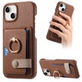 For iPhone 15 Litchi Leather Oil Edge Ring Card Back Phone Case(Brown)