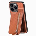 For iPhone 15 Pro Max Carbon Fiber Vertical Flip Zipper Phone Case(Brown)