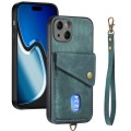 For iPhone 15 Retro Card Wallet Fold Leather Phone Case with Strap(Green)