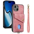 For iPhone 15 Retro Card Wallet Fold Leather Phone Case with Strap(Pink)