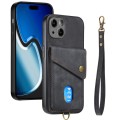 For iPhone 15 Plus Retro Card Wallet Fold Leather Phone Case with Strap(Black)
