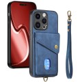 For iPhone 15 Pro Retro Card Wallet Fold Leather Phone Case with Strap(Blue)