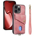 For iPhone 15 Pro Retro Card Wallet Fold Leather Phone Case with Strap(Pink)