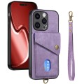For iPhone 15 Pro Max Retro Card Wallet Fold Leather Phone Case with Strap(Purple)