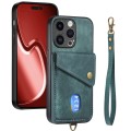 For iPhone 15 Pro Max Retro Card Wallet Fold Leather Phone Case with Strap(Green)