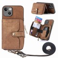 For iPhone 15 Plus Crossbody Multi-function Zipper Wallet Phone Case(Brown)