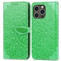 For iPhone 15 Pro Max Blooming Mandala Embossed Wings Buckle Leather Phone Case(Green)