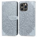 For iPhone 15 Pro Blooming Mandala Embossed Wings Buckle Leather Phone Case(Grey)