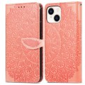 For iPhone 15 Plus Blooming Mandala Embossed Wings Buckle Leather Phone Case(Orange)