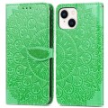 For iPhone 15 Plus Blooming Mandala Embossed Wings Buckle Leather Phone Case(Green)
