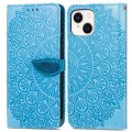 For iPhone 15 Blooming Mandala Embossed Wings Buckle Leather Phone Case(Blue)