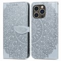 For iPhone 14 Pro Max Blooming Mandala Embossed Wings Buckle Leather Phone Case(Grey)