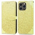 For iPhone 14 Pro Max Blooming Mandala Embossed Wings Buckle Leather Phone Case(Yellow)
