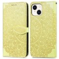 For iPhone 14 Plus Blooming Mandala Embossed Wings Buckle Leather Phone Case(Yellow)