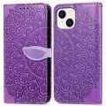 For iPhone 14 Blooming Mandala Embossed Wings Buckle Leather Phone Case(purple)
