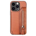 For iPhone 15 Pro Carbon Fiber Horizontal Flip Zipper Wallet Phone Case(Brown)