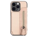 For iPhone 15 Plus Carbon Fiber Horizontal Flip Zipper Wallet Phone Case(Khaki)