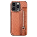 For iPhone 15 Pro Max Carbon Fiber Horizontal Flip Zipper Wallet Phone Case(Brown)