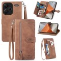 For Xiaomi Redmi Note 13 Pro+ Embossed Flower Zipper Leather Phone Case(Brown)