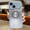 For iPhone 15 Plus Large Window Diamond Magnifier Magnetic Phone Case(Sierra Blue)