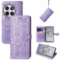 For OnePlus 12 Cat and Dog Embossed Leather Phone Case(Purple)