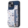 For iPhone 15 Retro Painted Zipper Wallet Back Phone Case(Blue)