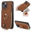 For iPhone 15 Plus Cross Leather Ring Vertical Zipper Wallet Back Phone Case(Brown)