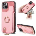 For iPhone 15 Plus Cross Leather Ring Vertical Zipper Wallet Back Phone Case(Pink)